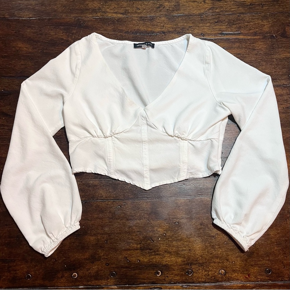 White Cropped Corset-Style Top Puff Sleeve Cottagecore Sz S Coquette Ballet-core